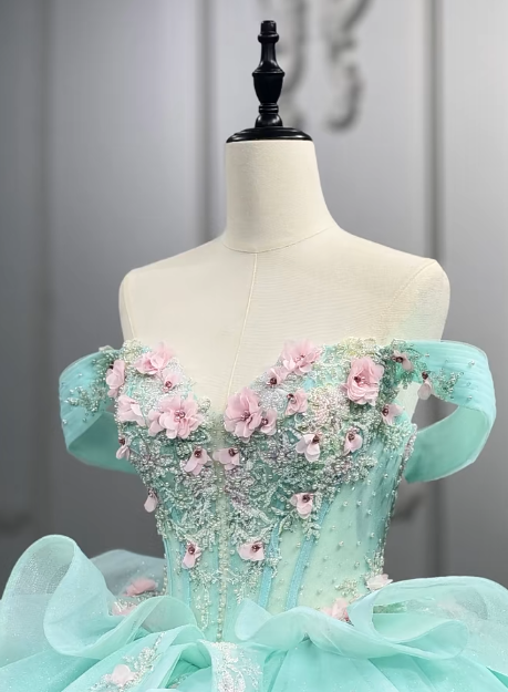 Gorgeous Off-the-Shoulder Ball Gown Tulle Beaded Applique Long Prom Dresses, Green Quinceanera Dresses DP03046