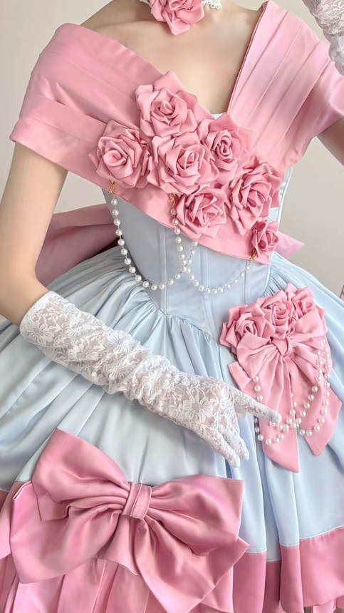 Sweet Off Shoulder Ball Gown Satin Sleeveless Birthday Dress Pink Lolita Dress DP03051