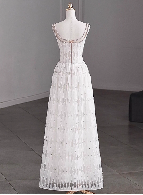 Modest A-Line Bateau Neck Bridal Dress White Tulle Long Wedding Dress Elegant Lace Beads Bridal Gowns DP2813