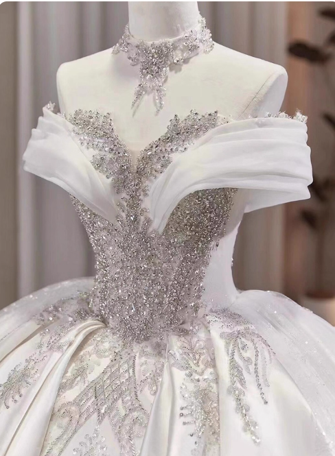 Modest Ball Gown Off-the-shoulder Bridal Dress White Tulle Long Wedding Dress Elegant Beading Applique Bridal Gowns DP2817