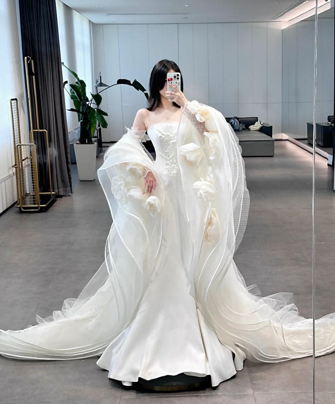 Modest Strapless Mermaid Bridal Gown Glam Satin Applique Strapless Wedding Dress DP2860