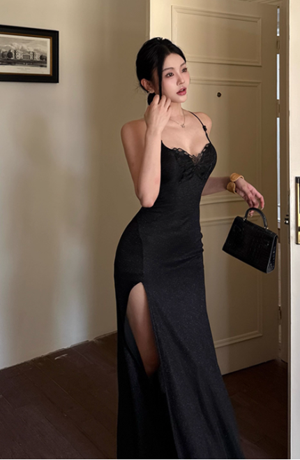 Spaghetti Strap Sheath Satin Long Prom Dresses Elegant Black Formal Evening Dress with Slits DP03041