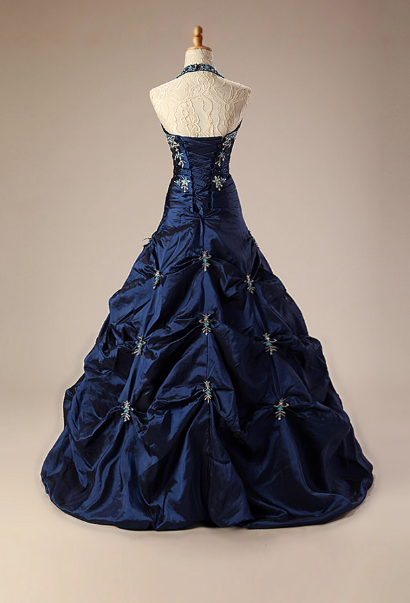 Elegant Halter Ball Gown Taffeta Long Prom Dresses, Navy Quinceanera Dresses Sweet 16 Dress DP3055