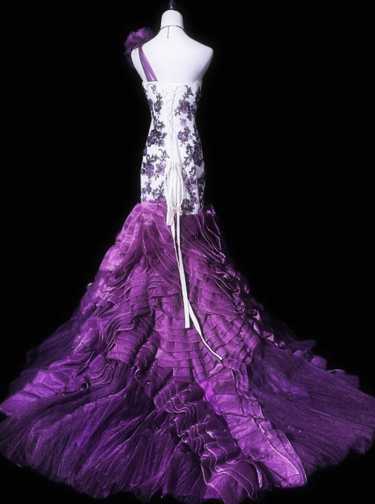 Elegant One-Shoulder Mermaid Tulle Long Prom Dresses, Purple Formal Evening Dresses DP3056