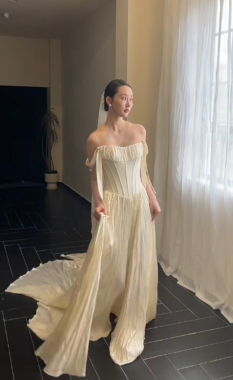 Timeless Off-the-shoulder Sheath Satin Luxury Wedding Dress, Light Champagne Bridal Gowns DP3080