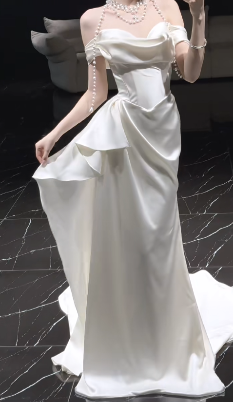 Timeless Off-the-shoulder Sheath Satin Luxury Wedding Dress, White Bridal Gowns DP3082