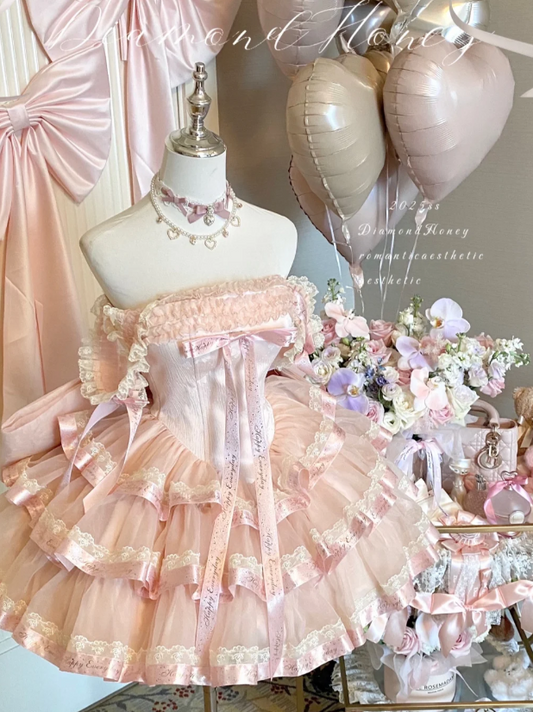 Cute Off-the-shoulder Ball Gown Lace Tulle Short Birthday Dresses Pink Lolita Dresses DP3085
