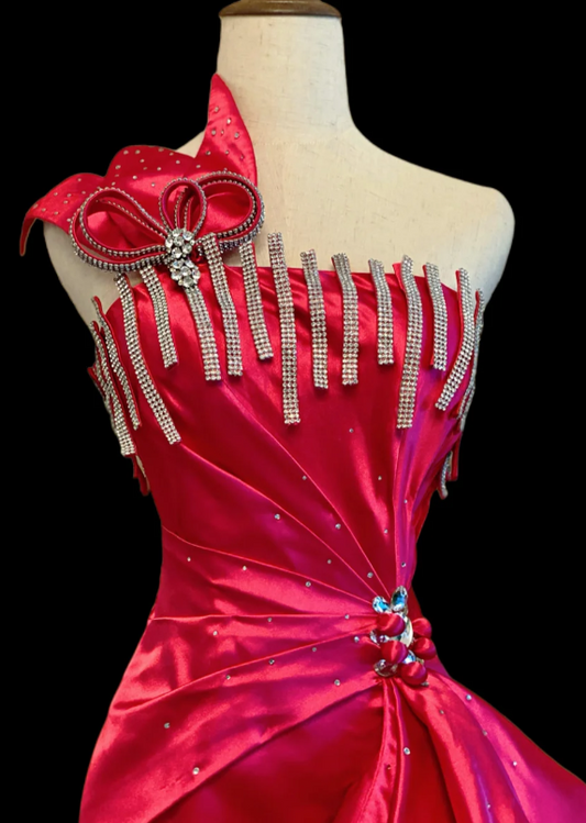 Chic One Shoulder Sheath Satin Long Prom Dresses, Hot Pink Formal Evening Dresses DP3092