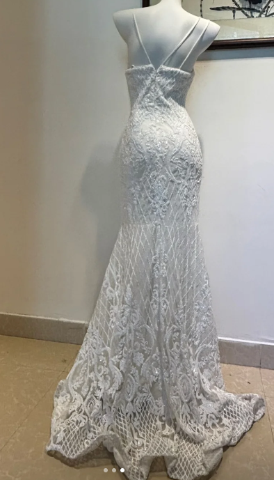 Elegant Spaghetti Strap Mermaid Beaded Chiffon Long Prom Dresses, White Beaded Formal Evening Dresses DP3094