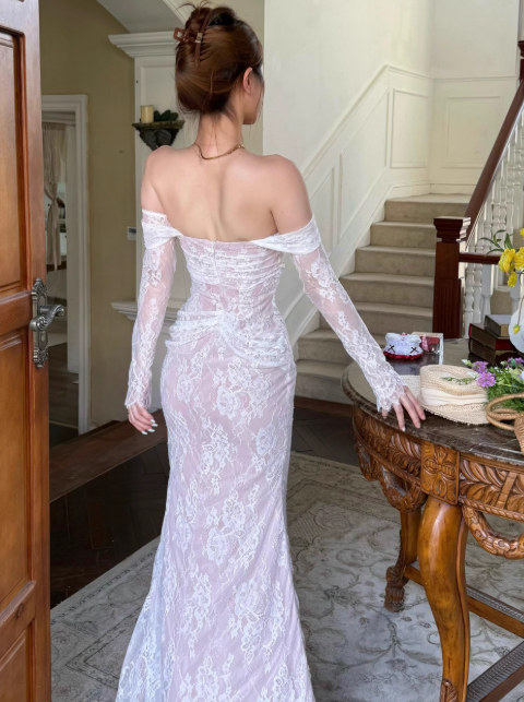 Elegant Off-the-shoulder Sheath Lace Long Prom Dresses, White Formal Evening Dresses DP3104