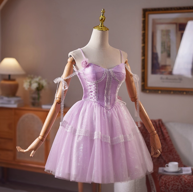 Gorgeous Spaghetti Strap A-Line Tulle Short Prom Dresses, Purple Homecoming Dresses DP3137