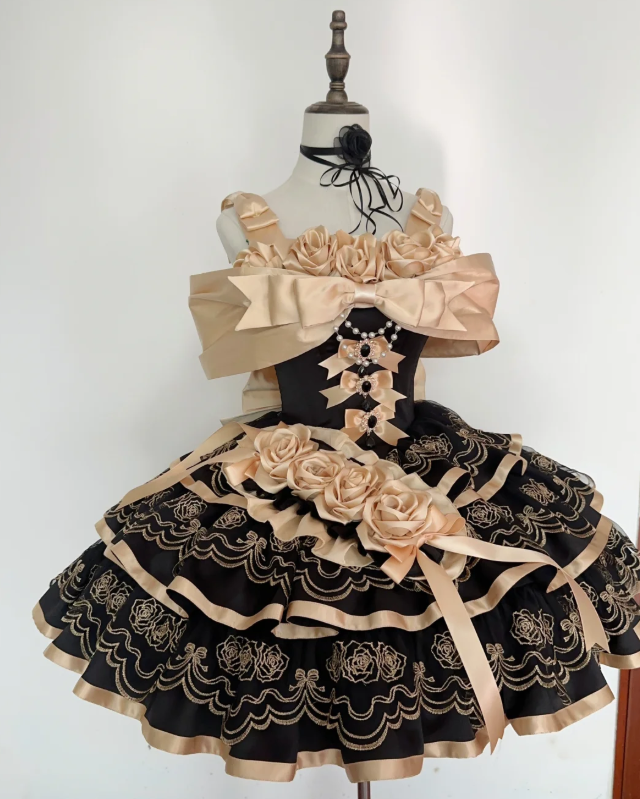 Vintage Champagne Ball Gown Satin Birthday Dresses Black Lolita Dresses DP3178
