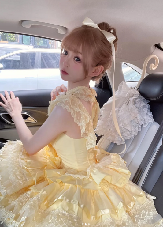 Sweet Square Neck Ball Gown Lace Birthday Dresses Yellow Lolita Dresses DP3180