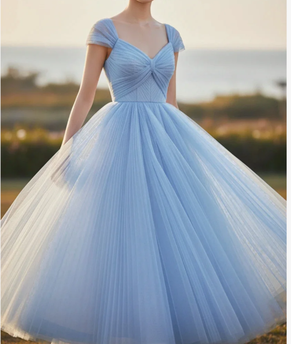 Elegant V-neck A-line Long Prom Dresses Grey Blue Long Formal Dresses DP3189