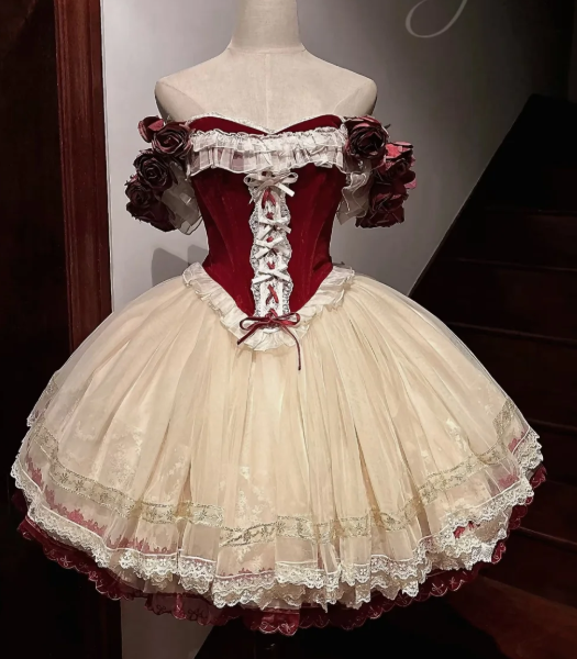 Princess Off-the-Shoulder Ball Gown Lace Tulle 18th Birthday Dresses Burgundy Lolita Dress DP3198