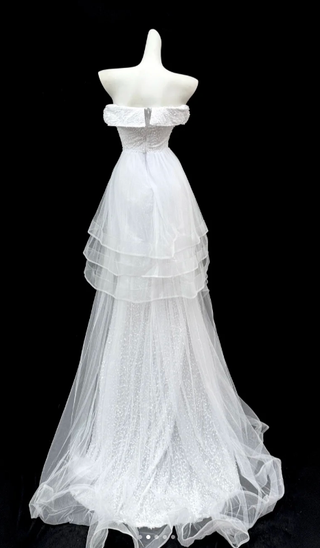 Elegant Strapless A-Line Long Prom Dresses Tulle Sequins White Formal Dresses DP3202