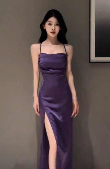 Sexy Spaghetti Strap Sheath Open Back Prom Dresses Satin Purple Formal Dresses with Slits DP3208