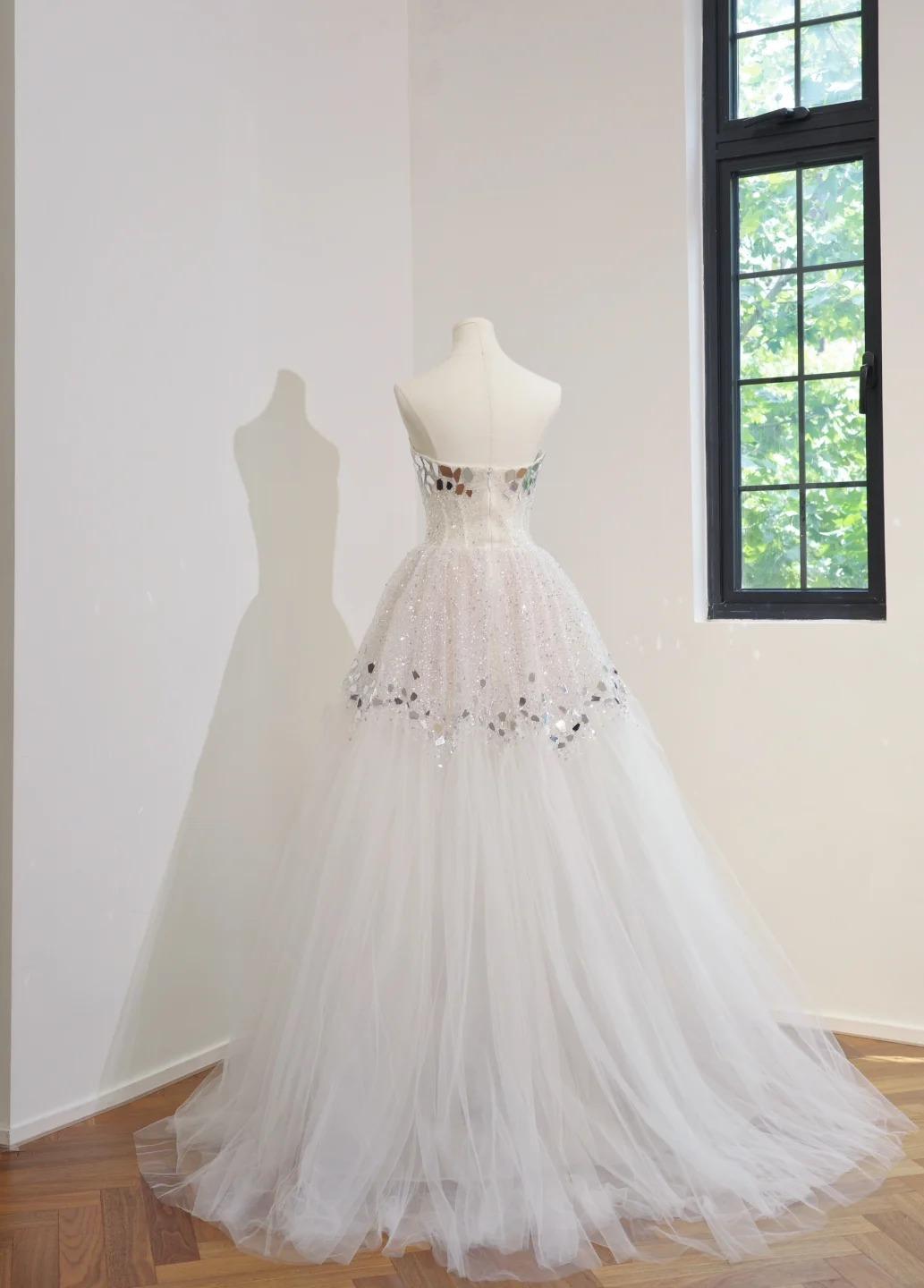 Strapless A-Line Tulle Mirrors Simple Wedding Dresses Sleeveless White Bridal Gowns DP3212