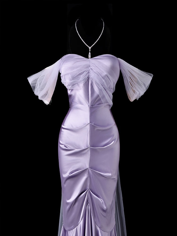 Glam Mermaid Long Prom Dresses, Satin Lavender Formal Dresses Off-the-shoulder Evening Dresses DP3218