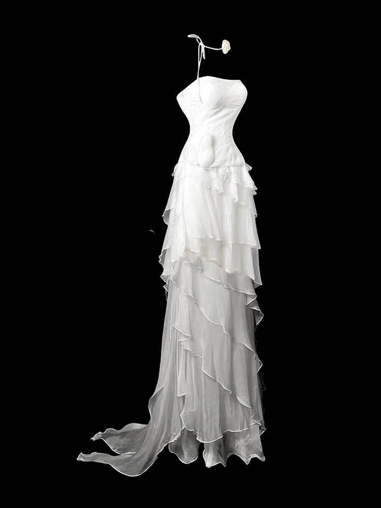 Elegant Strapless Sheath Long Prom Dresses, Chiffon White Evening Gowns DP3219