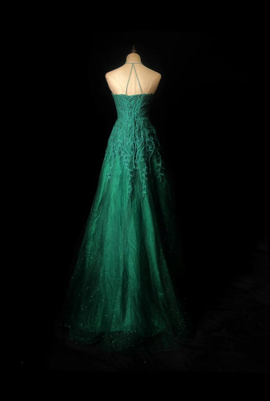 Fairy Spaghetti Strap Sheath Long Prom Dresses, Tulle Green Evening Dresses DP3224
