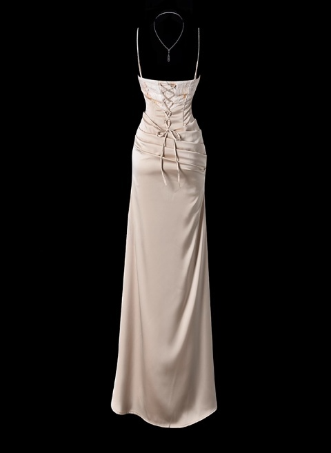 Chic Spaghetti Strap Sheath Wedding Guest Dress, Satin Champagne Formal Dresses DP3231
