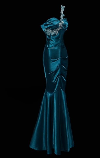 Chic One Shoulder Mermaid Wedding Guest Dress, Satin Dark Teal Long Prom Dresses DP3232