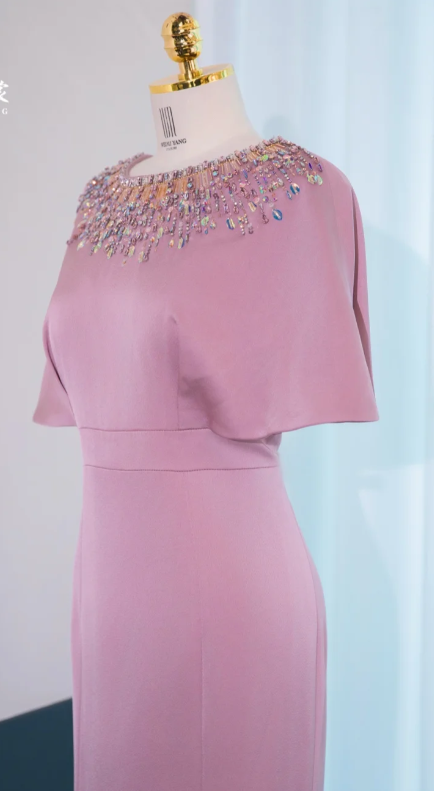 Modest Jewel Mermaid Mother of the Bride Dresses, Satin Dusty Pink Evening Dresses DP3238