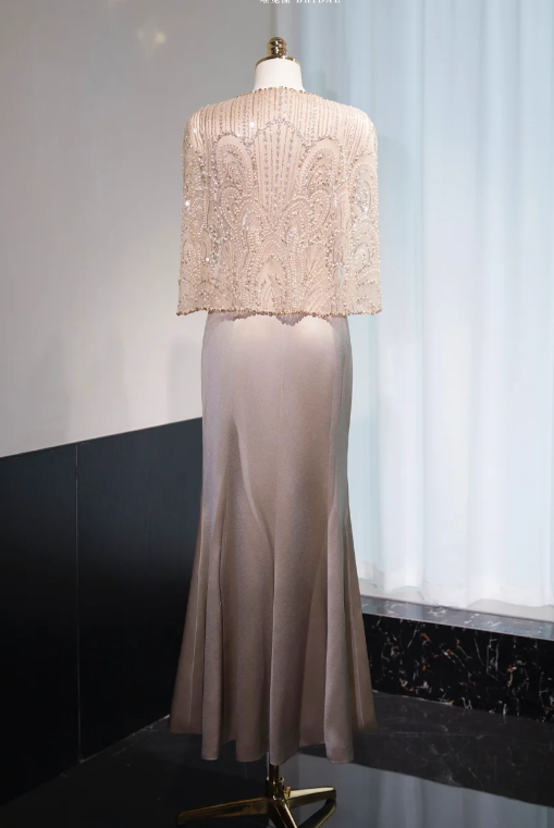 Elegant Jewel Mermaid Mother of the Bride Dresses with Cape, Light Brown Satin Evening Dresses DP3239