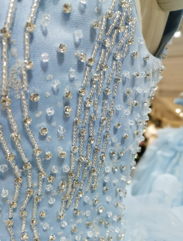 Cute Off Shoulder Ball Gowns Pale Blue Tulle Beaded Long Quinceanera Dress Formal Gowns Vestido De 15 Anos Sweet 16 Dress DP3244