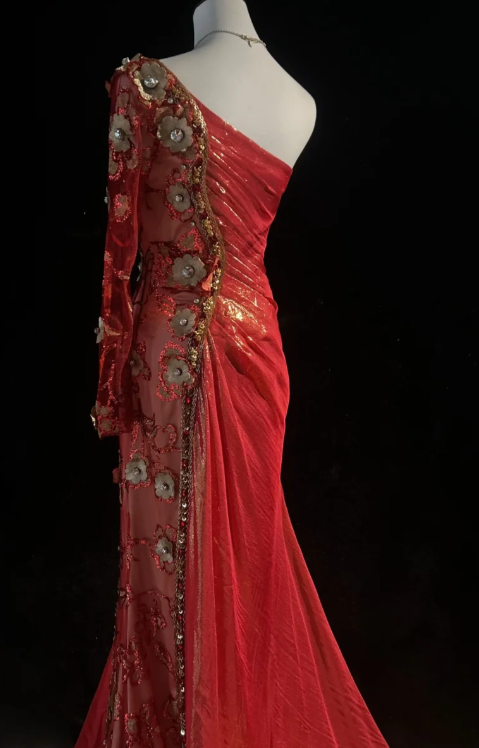 Elegant One Shoulder Sheath Long Evening Dresses Satin Red Prom Dresses DP3309