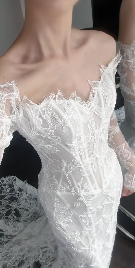 Simple Off-the-shoulder Mermaid Wedding Dresses Lace White Bridal Gowns Long Sleeve Bridal Dresses DP3358