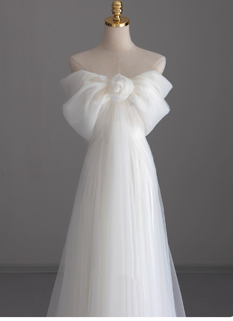 Simple Off-Shoulder A-Line Long Wedding Dress Tulle White Bridal Gown Short Sleeve Bridal Dress DP3792