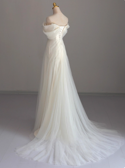 Simple Off-Shoulder A-Line Long Wedding Dress Tulle White Bridal Gown Short Sleeve Bridal Dress DP3792