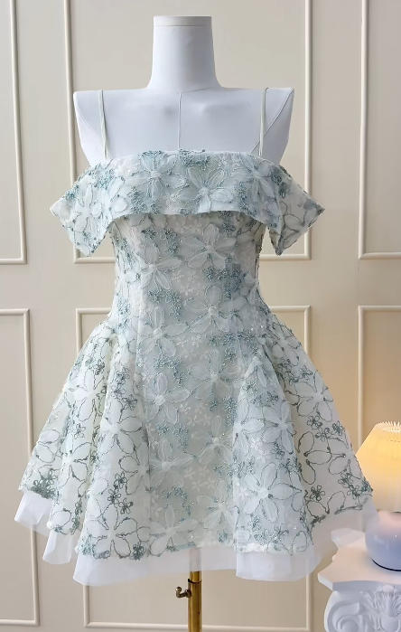 Cute Spaghetti Strap A-Line Short Prom Dresses Tulle Applique Birthday Dresses Sleeveless Homecoming Dresses DP3800