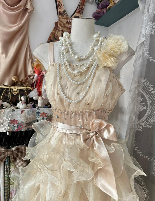 Sweet Light Yellow A-Line Spaghetti Straps Tulle Layered Prom Dress Beaded Sequin Birthday Dress ED01869