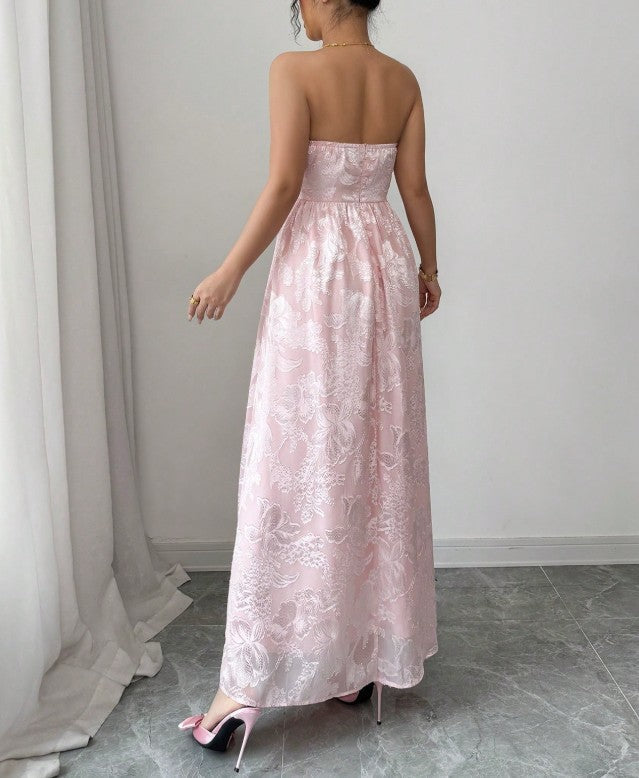 Cute Pink Strapless Jacquard Bridesmaid Dress A-Line Backless Evening Dress ED02163
