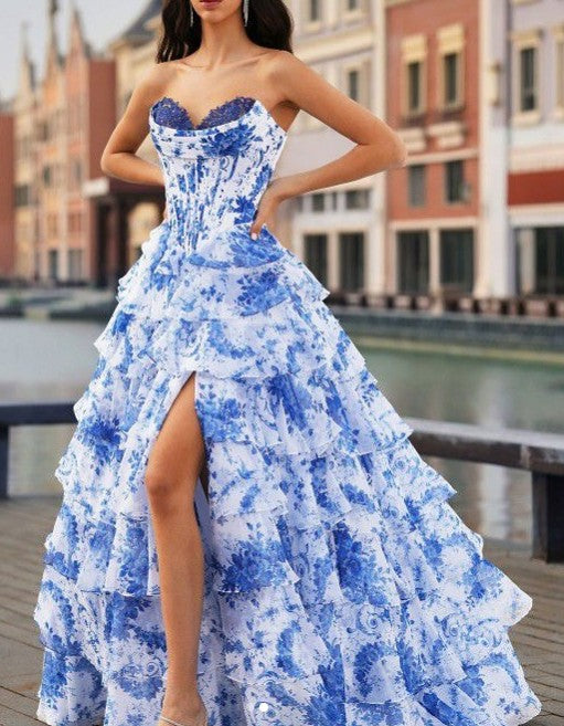 Elegant Ruffle Sweetheart Neck A-Line Tiered Prom Dresses Fashion Evening Gowns ED02265
