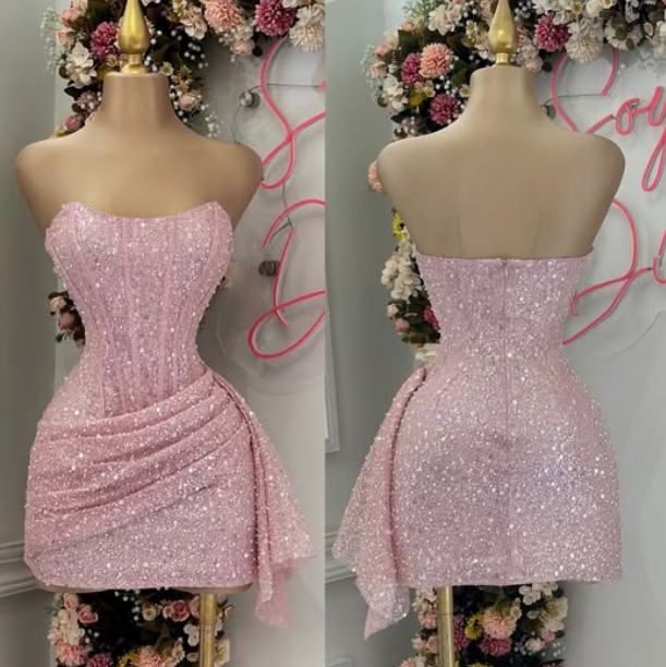 Fashion Pink Strapless Bodycon Short Prom Dresses Glitter Sequin Homecoming Dresses ED02708