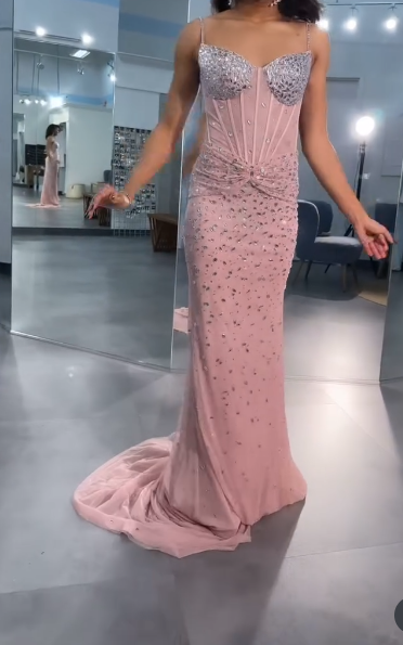 Elegant Pink Spaghetti Strap Sheath Tulle Long Prom Dresses Sparkly Rhinestone Formal Dresses ED03532