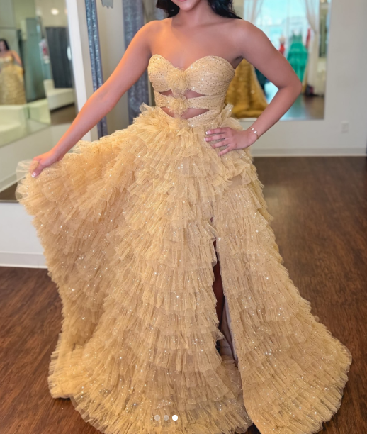 Gorgeous Sweetheart Gold A-Line Tulle Glitter Long Prom Dresses Slit Quinceanera Dresses ED03534