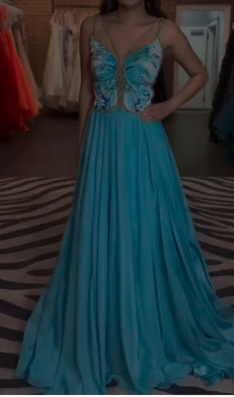 Blue Spaghetti Straps A-Line Beaded Chiffon Formal Dresses Elegant Backless Prom Dresses ED03535