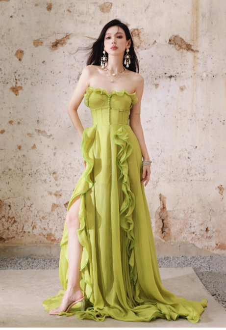Fairytale Green A-Line Ruffle Long Prom Dresses Strapless Chiffon Formal Dresses ED03546