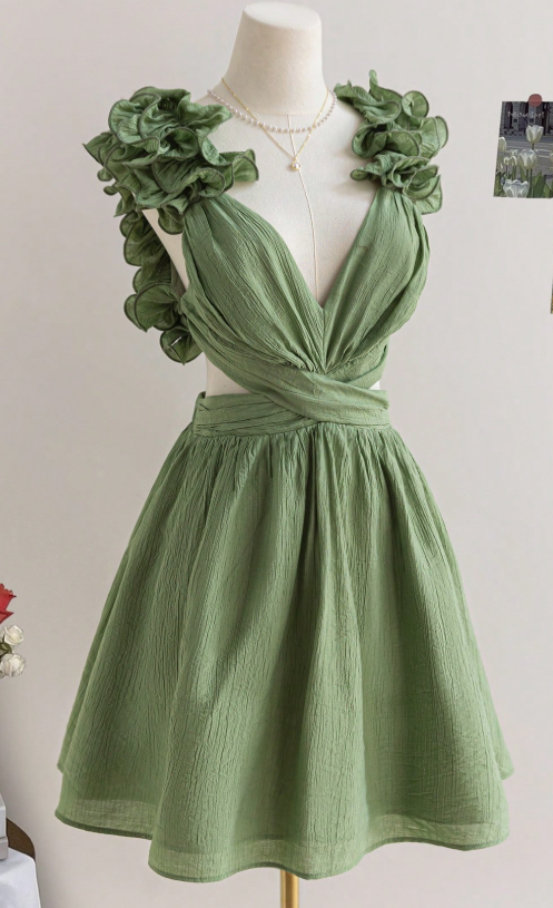 Stunning Green A-Line 8th Grade Homecoming Dress V Neck Backless Birthday Outfit Cute Cocktail Dress ED03556