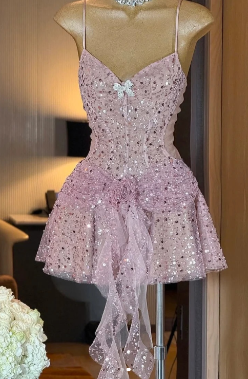 Sweet Pink Spaghetti Strap 16th Birthday Dress Glitter Sequin A-Line Homecoming Dresses ED03561