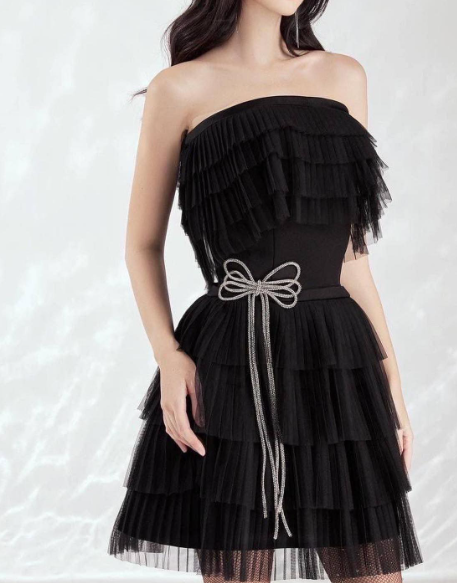 Modest Black Strapless A-Line Short Birthday Party Dress Layered Tulle Homecoming Dress Elegant Graduation Dress ED03602