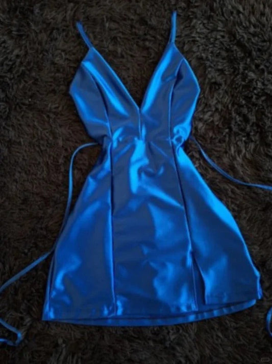 Elegant Royal Blue Spaghetti Straps A-Line Satin Backless Short Pool Party Dress V-Neck Short 16th Birthday Outfit Middle School Hoco Dresses ED03603