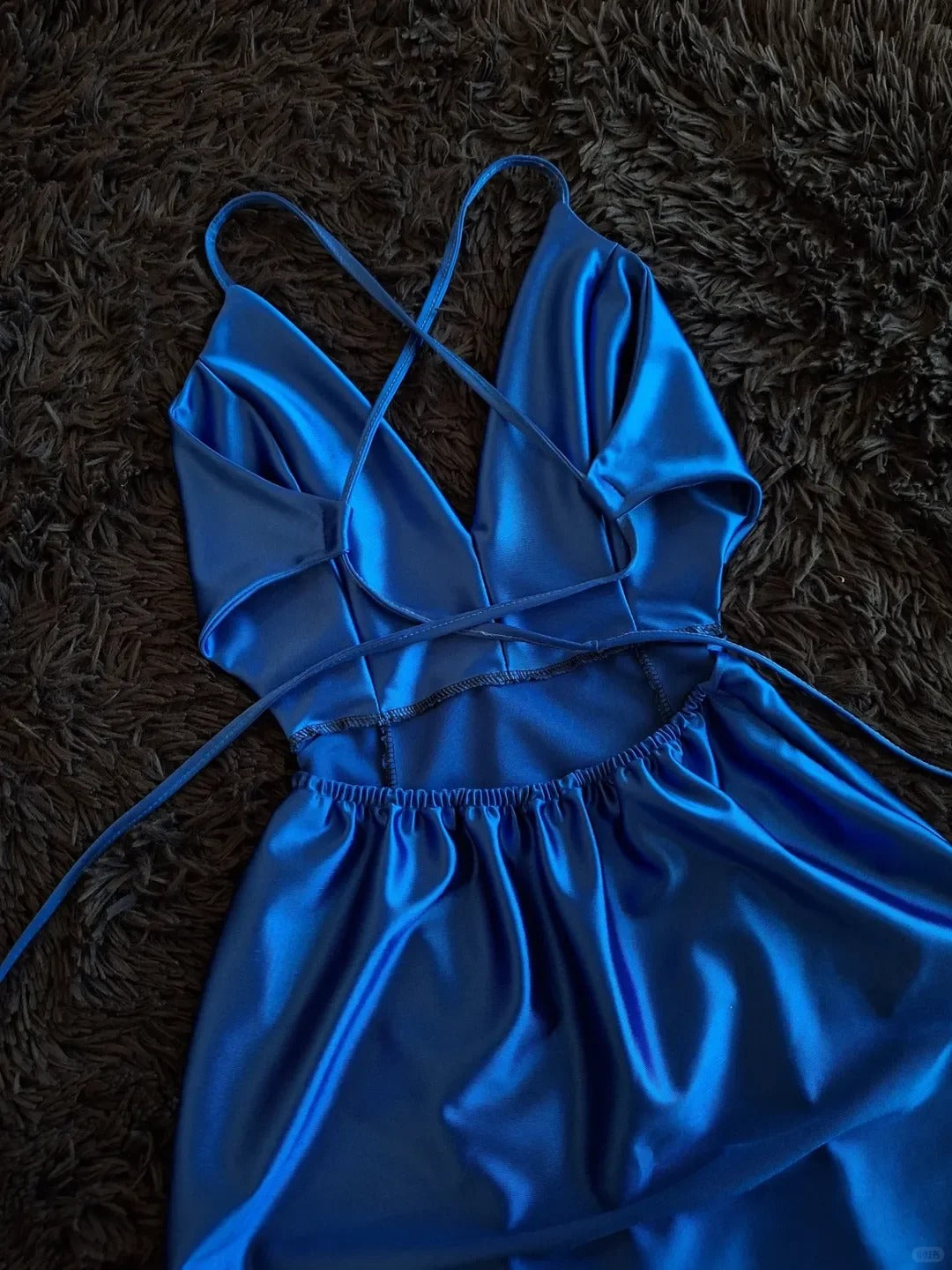 Elegant Royal Blue Spaghetti Straps A-Line Satin Backless Short Pool Party Dress V-Neck Short 16th Birthday Outfit Middle School Hoco Dresses ED03603