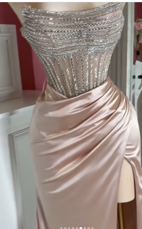 Elegant Pink Strapless Sheath Long Slit Evening Gown Sparkly Beaded Satin Prom Dress Sweet 18th Birthday Outfit ED03608