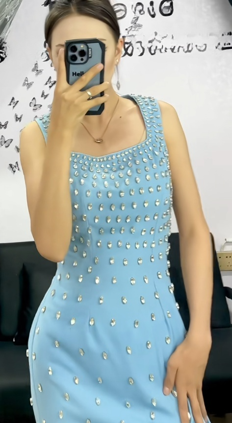 Modest Blue Square Sheath Satin Evening Gowns Rhinestone Guest Dress Sparkly Birthday Dress ED03610